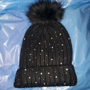 H&M Black Knit Beanie with Pom Pom and Bling